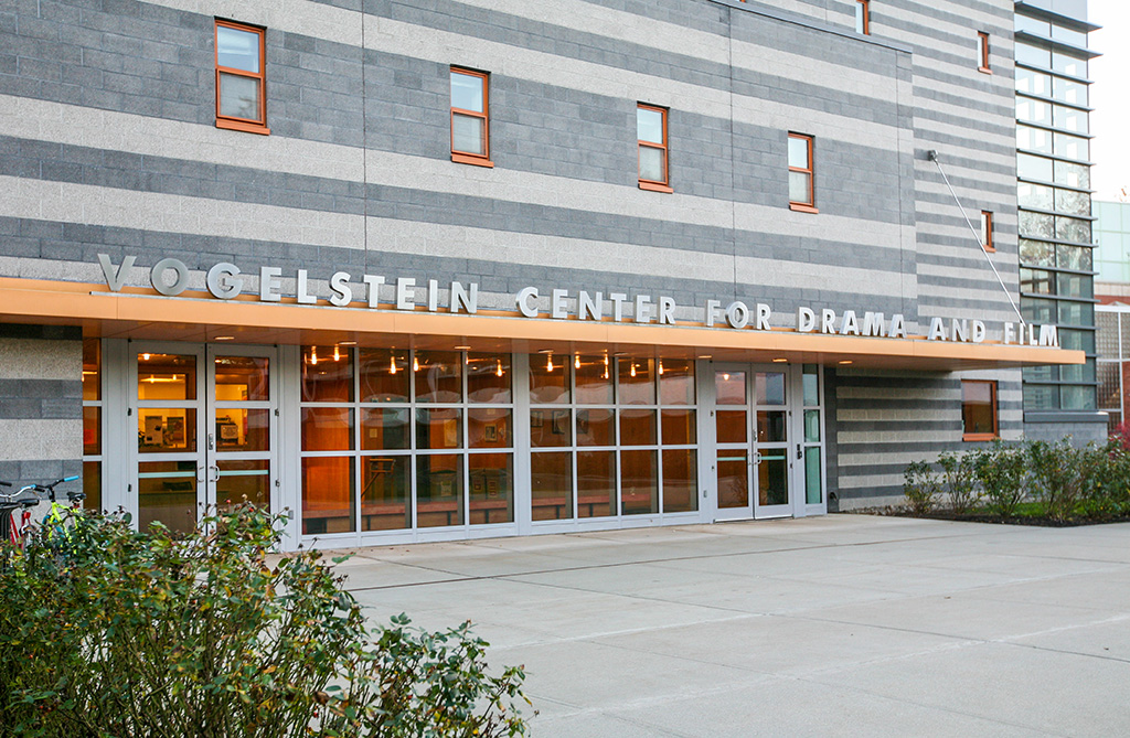 North entrance with a wide walkway and two accessible double doors.
