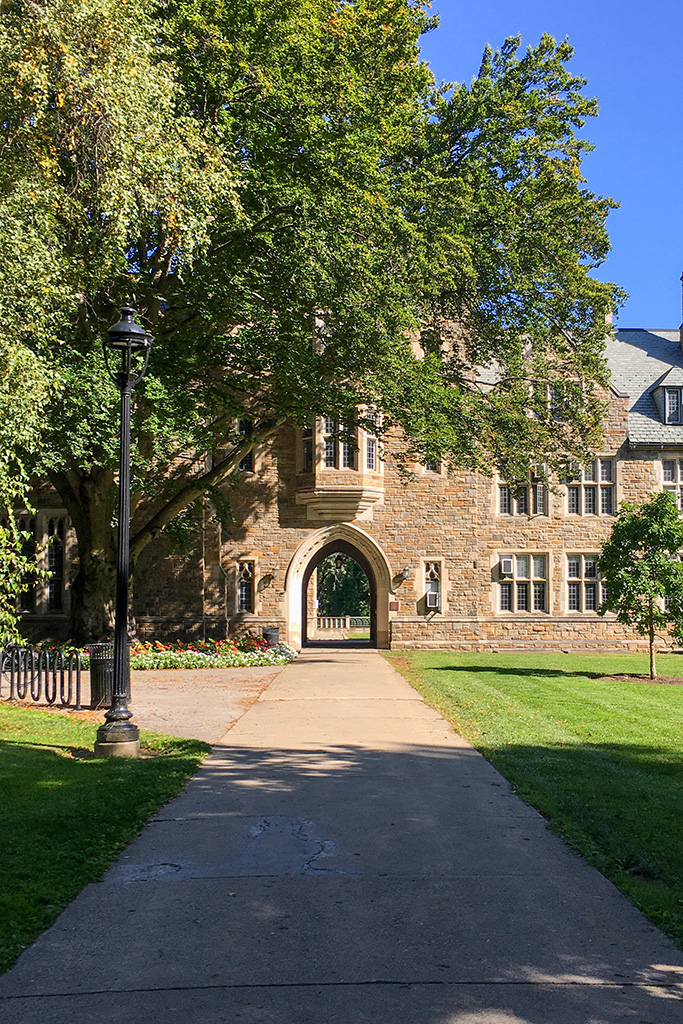 View of a stone academic building with a central arched passageway, seen from a tree-lined path on a sunny day.