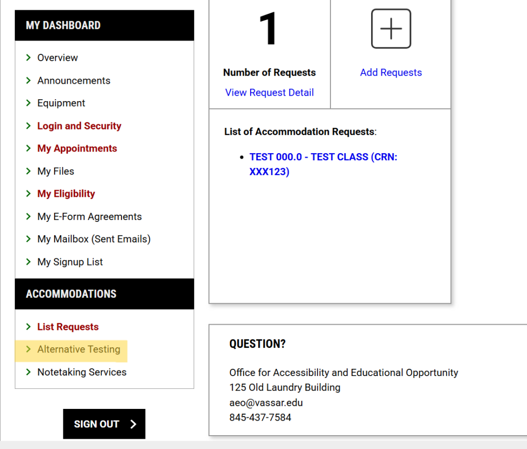 A screenshot view of the student portal dashboard with Alternative Testing highlighted on the left.