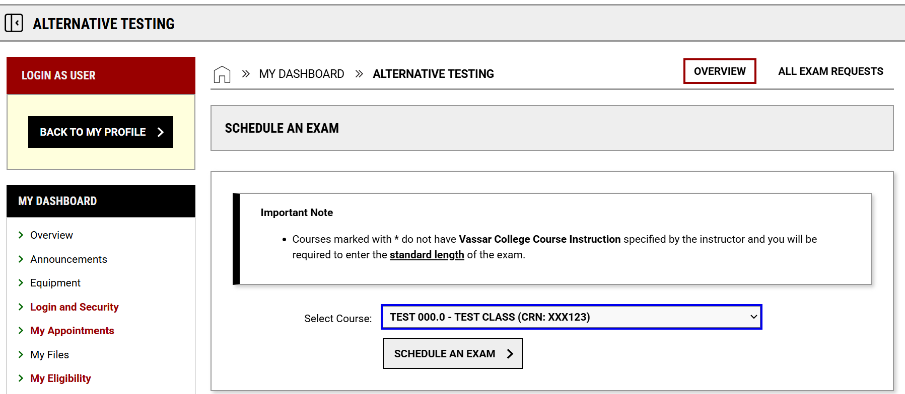 A screenshot showing an example of course selection for exam scheduling in the student portal.