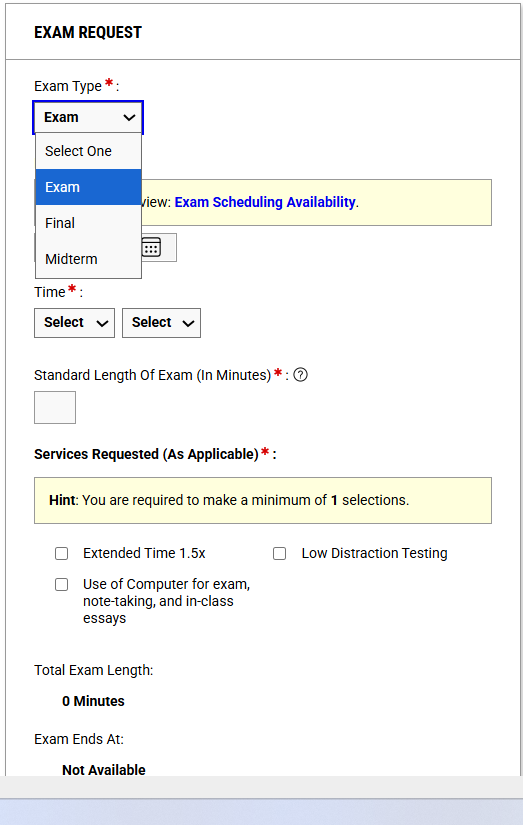 A preview image of the exam proctoring request form in the student portal.