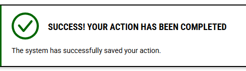 A screenshot of the confirmation message for completing a proctoring request reading 'Success! Your action has been completed. The system has successfully saved your action.'