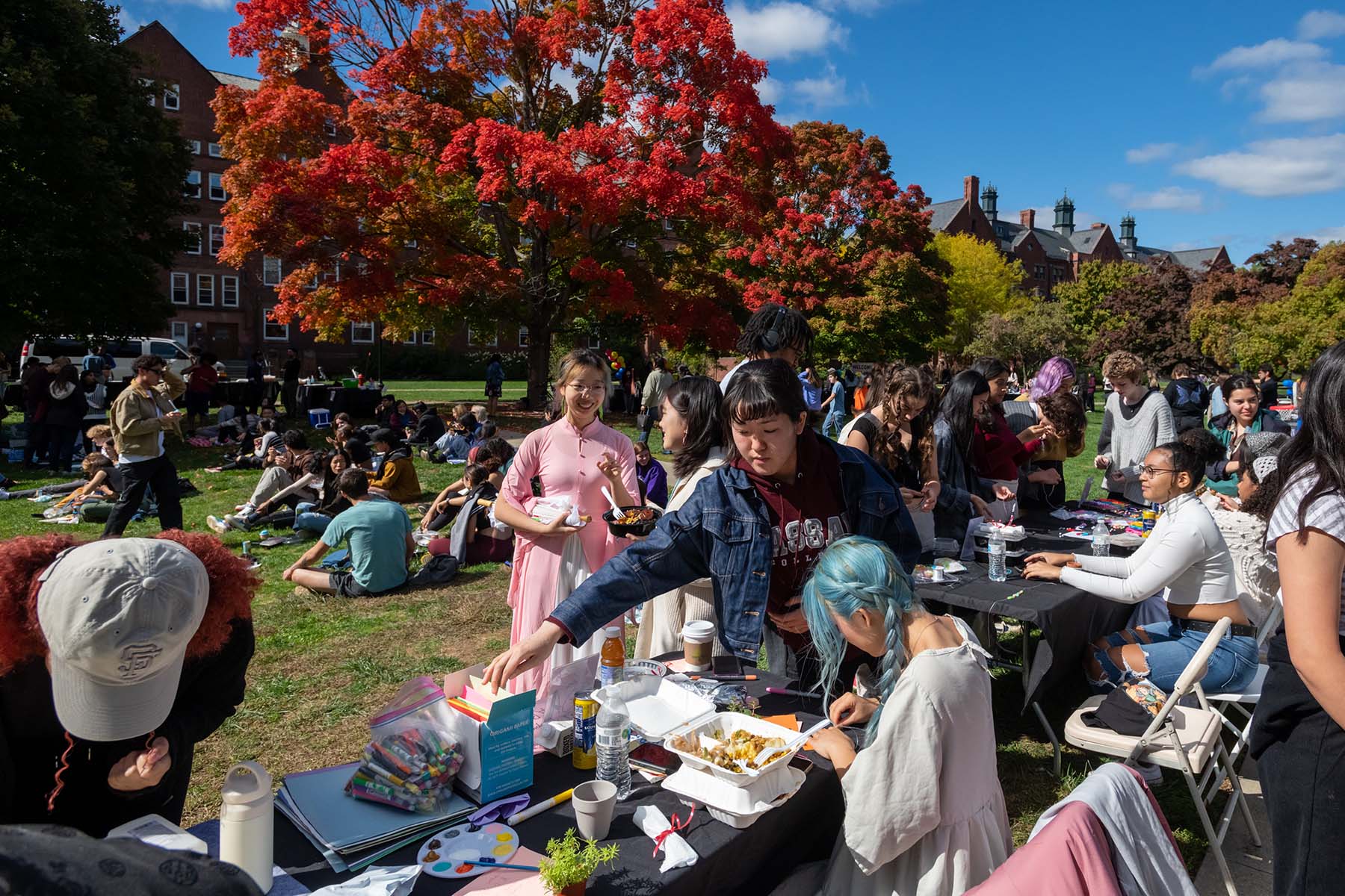 Students sitting on the grass and standing at tables with food and arts and crafts