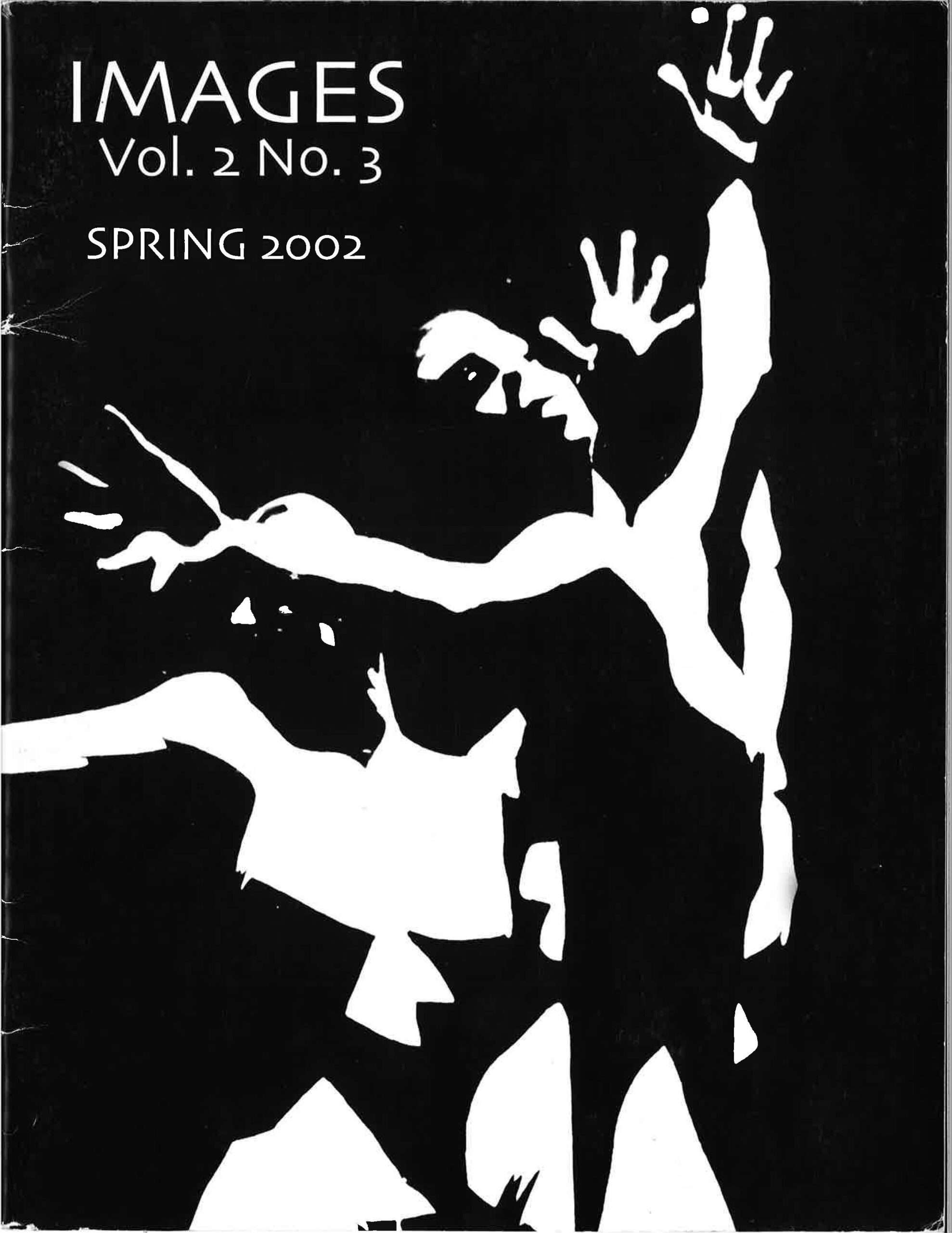IMAGES 2002 cover with a black background, text in white and two people in the center with their arms up in the air.