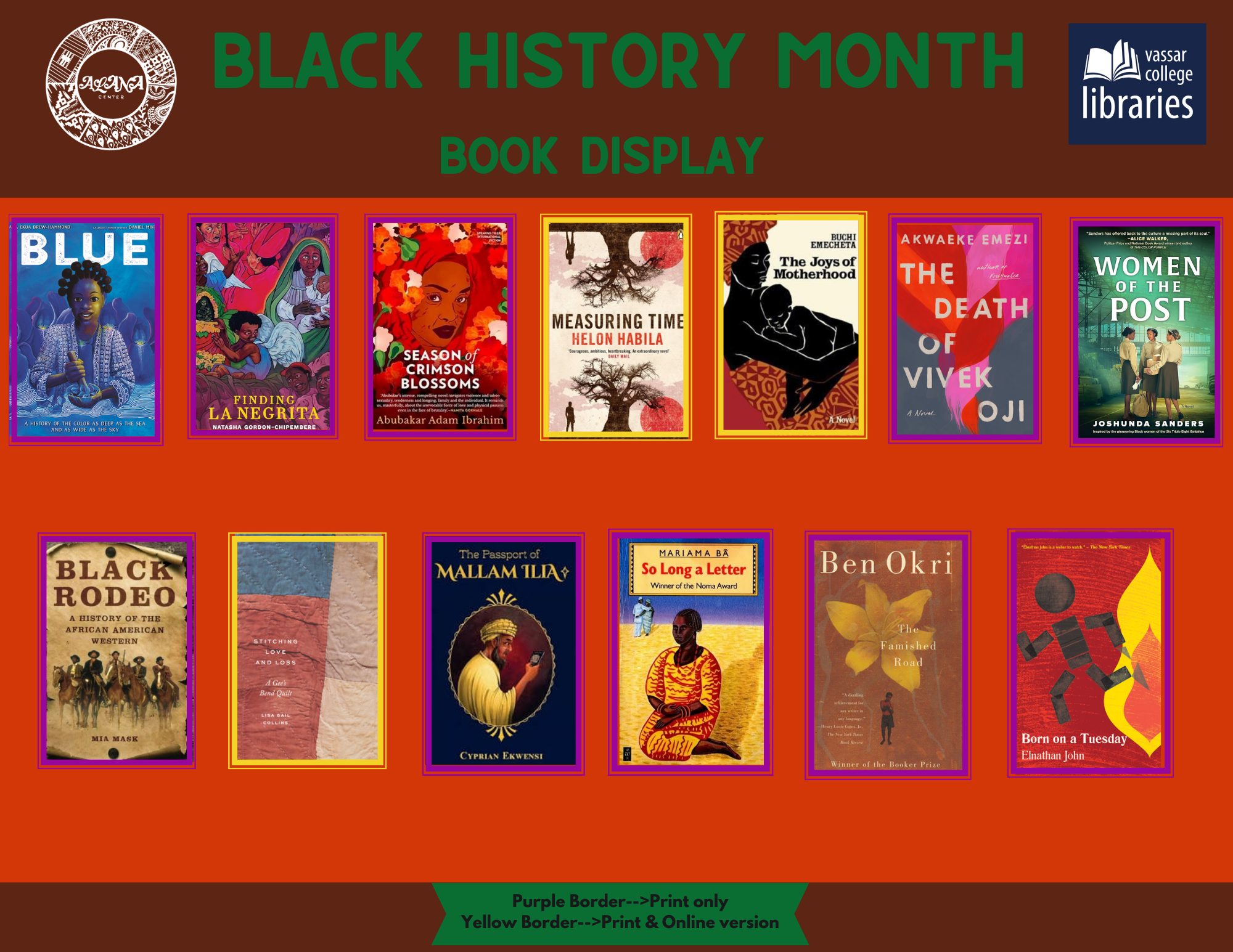 Image contains a brown and orange background with thirteen book covers with purple and yellow boarders.
