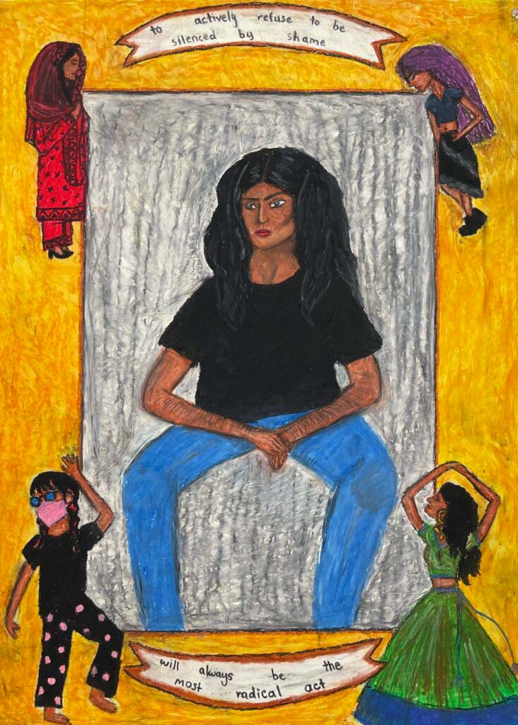 A painting depicting a woman seated in the center, surrounded by four other women wearing a variety of outfit whilst participating in various activities. Text displayed: "To actively refuse to be silenced by shame, will always be the most radial act." 
