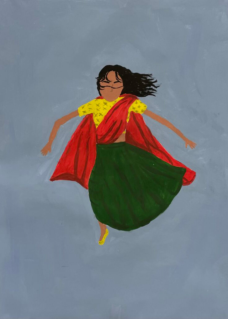 Grey clouded background with a woman in the middle of the image wearing a yellow crop top t-shirt with red material draped across her chest, with the back material flowing like a cape as she wears a long green skirt.