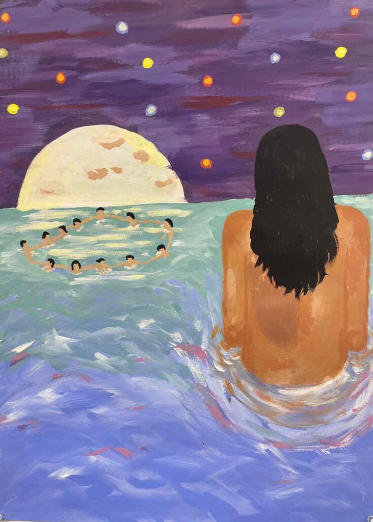 Portrait painting of  purple grey background of resmebling the mighnight sky with the moon doing down as dots of blue, yellow, red and orange throughout. In the bottom of the image there's a wave of sea blue with a image of a woman with long hair and bareback. 
