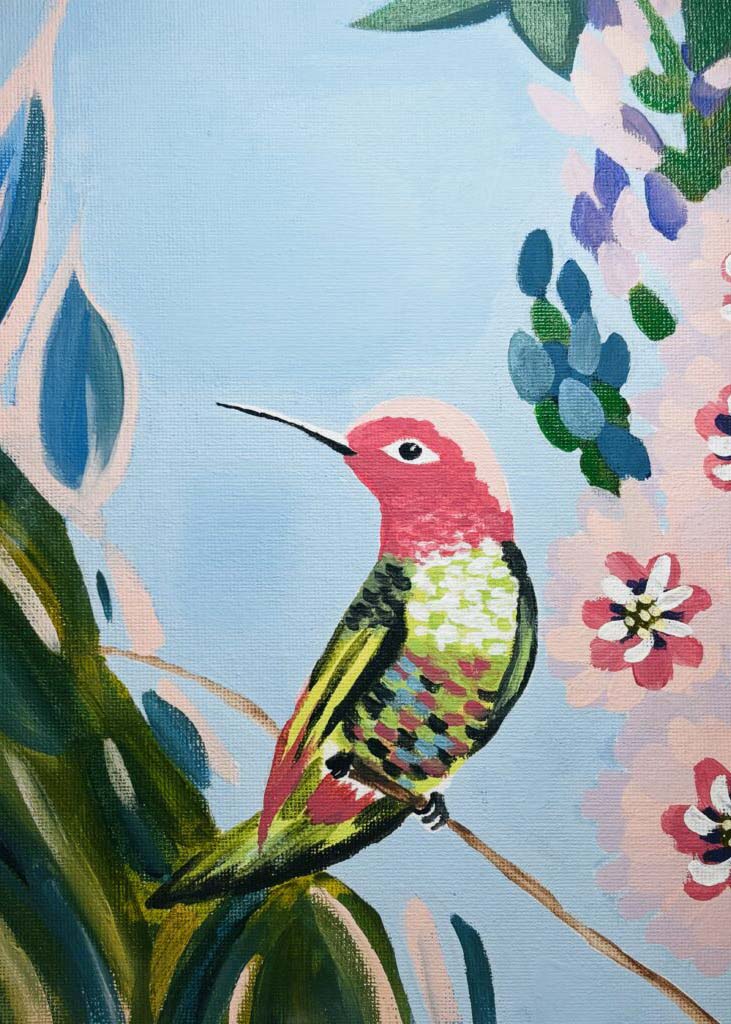 A painting depicting a colorful hummingbird perched on a branch, surrounded by a blue sky and an array of flowers.