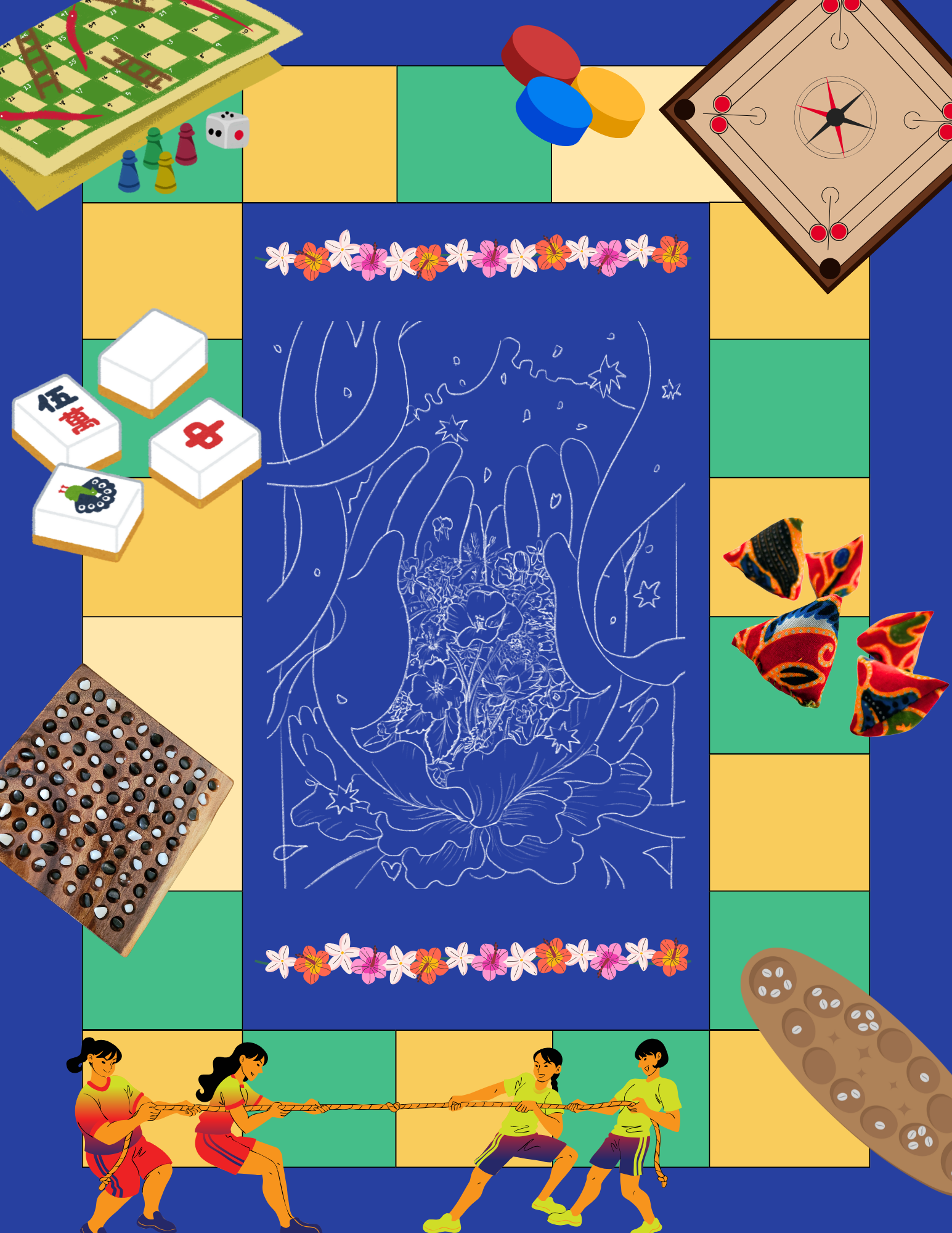 Blue background image with a green and yellow game boarder. At the top left is the snake & ladders game. The carrom board is on the top right corner. Mahjong pieces are on the top left side. The batu seremban pieces. Tug of war is being played with a group of four at the bottom left corner. Above the tug of war is the Konane board. In the right corner of the page is a sangoku board. In the center of the image is a assorted flower design drawn by Ming Ni. With a line of flowers above and below the design.