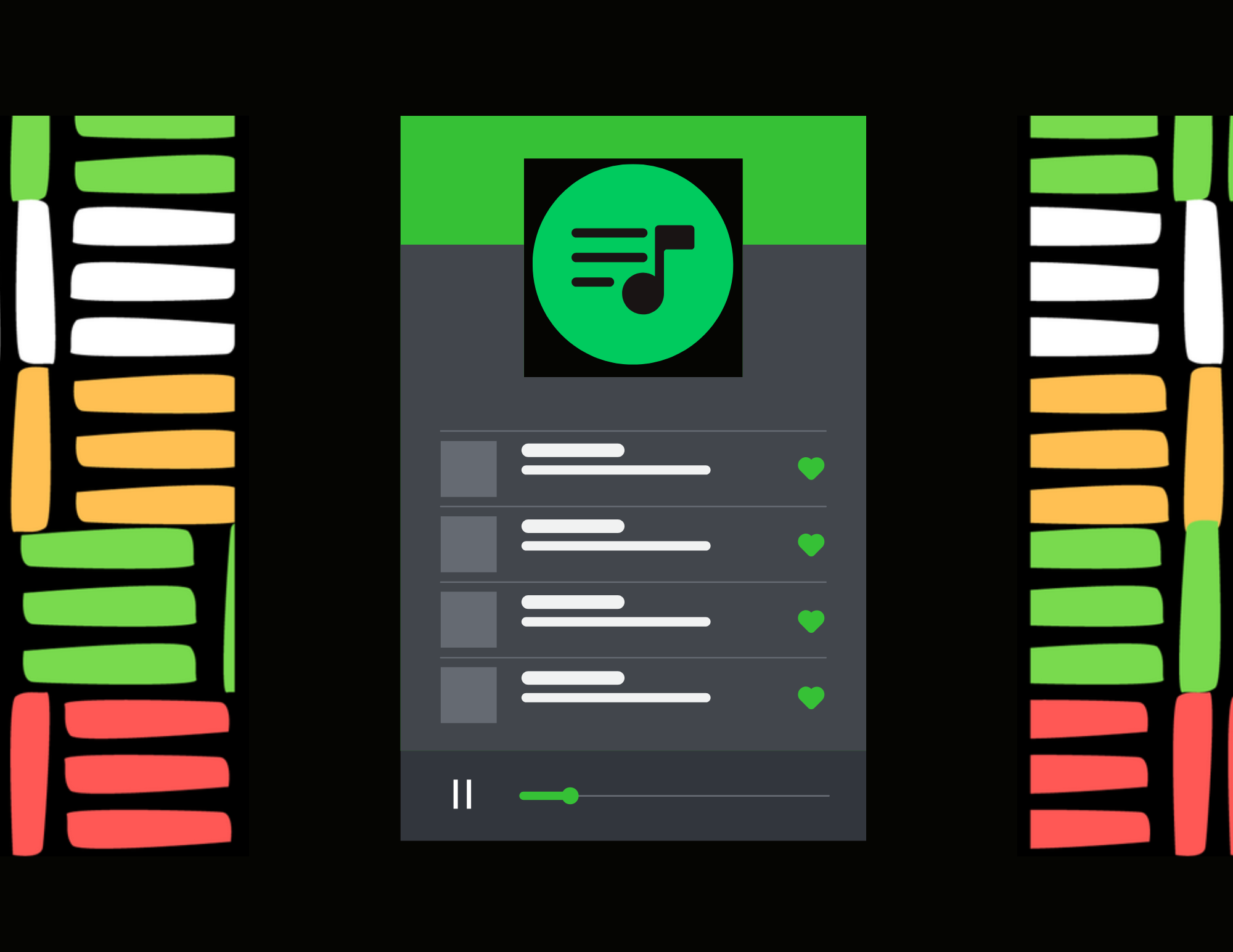 Black background image with a green, white, yellow, green, red lined grouped pattern to the left and right of the image. In the center is a green, black and gray playlist. In the top center of the playlist is a round music note with a green background. 