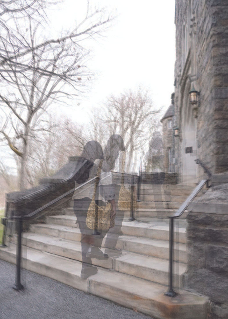Student walking up steps, appearing blurry gradually fading away.