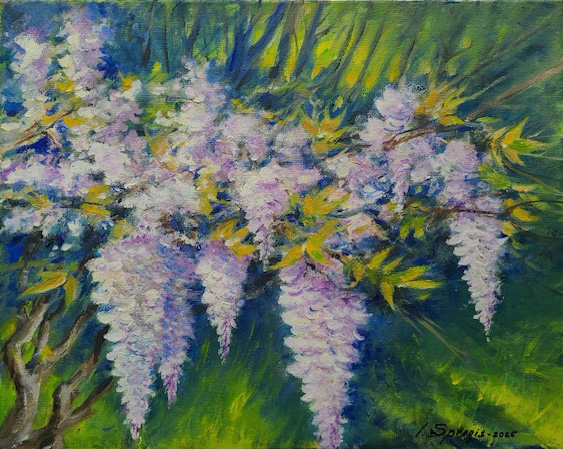 Painting of flowers/plants in pale lavender colors.