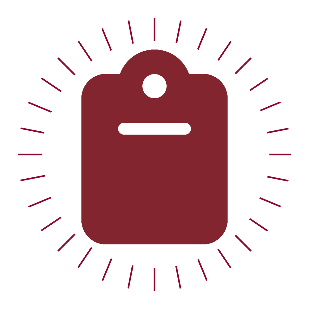 Icon of a clipboard surrounded by a circle of short red lines.