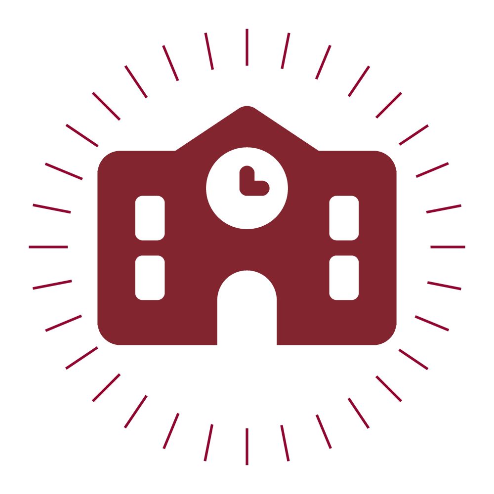 Icon of a school with a clock surrounded by a circle of short red lines.
