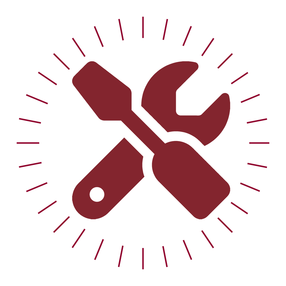Icon of screwdrive and wrench crossed with circle of short red lines around it.