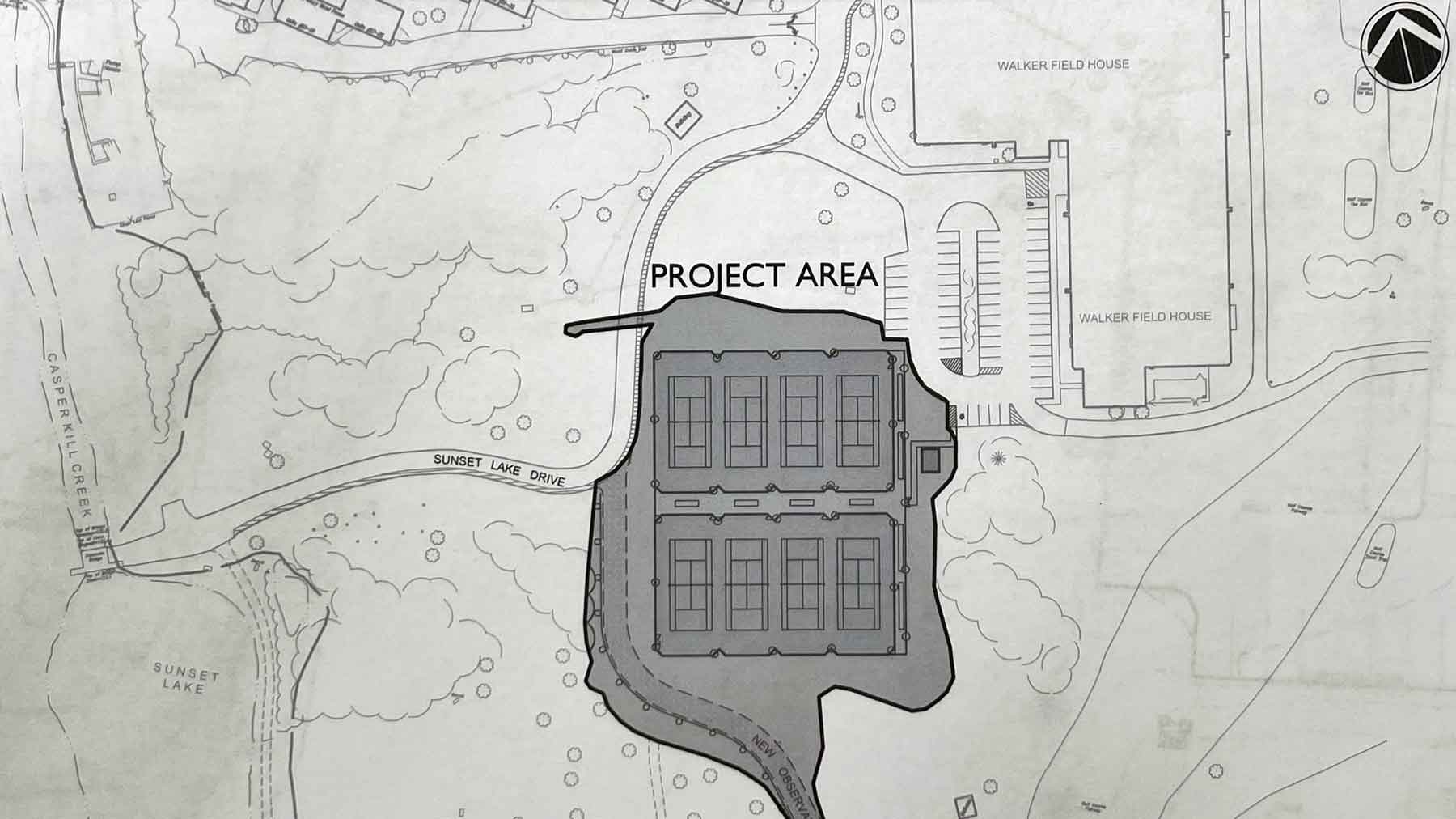 Blueprint of area of eight tennis courts in a larger area