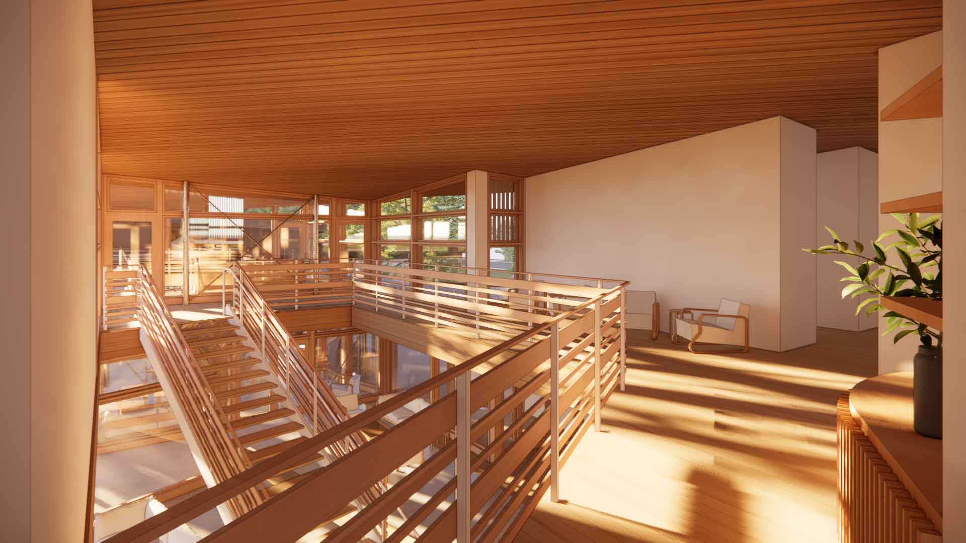 Architectural rendering of a lobby with wood stairway.