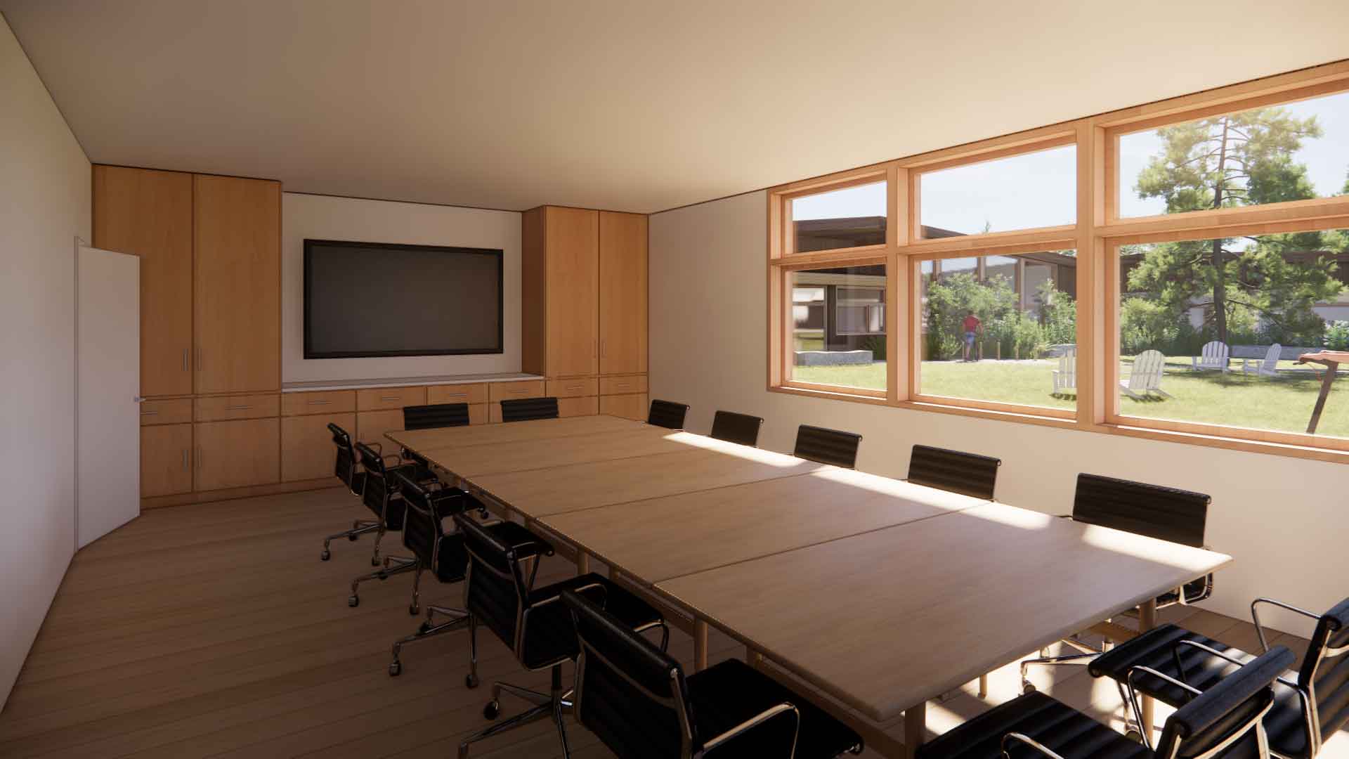 Architectural rendering of a conference room with lots of windows and wood detail.