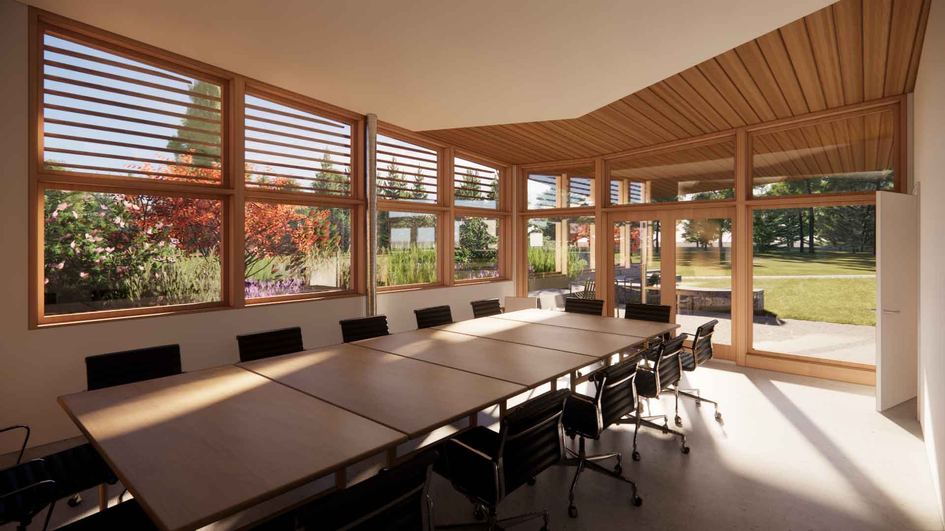 Architectural rendering of a conference room with lots of windows and wood detail.