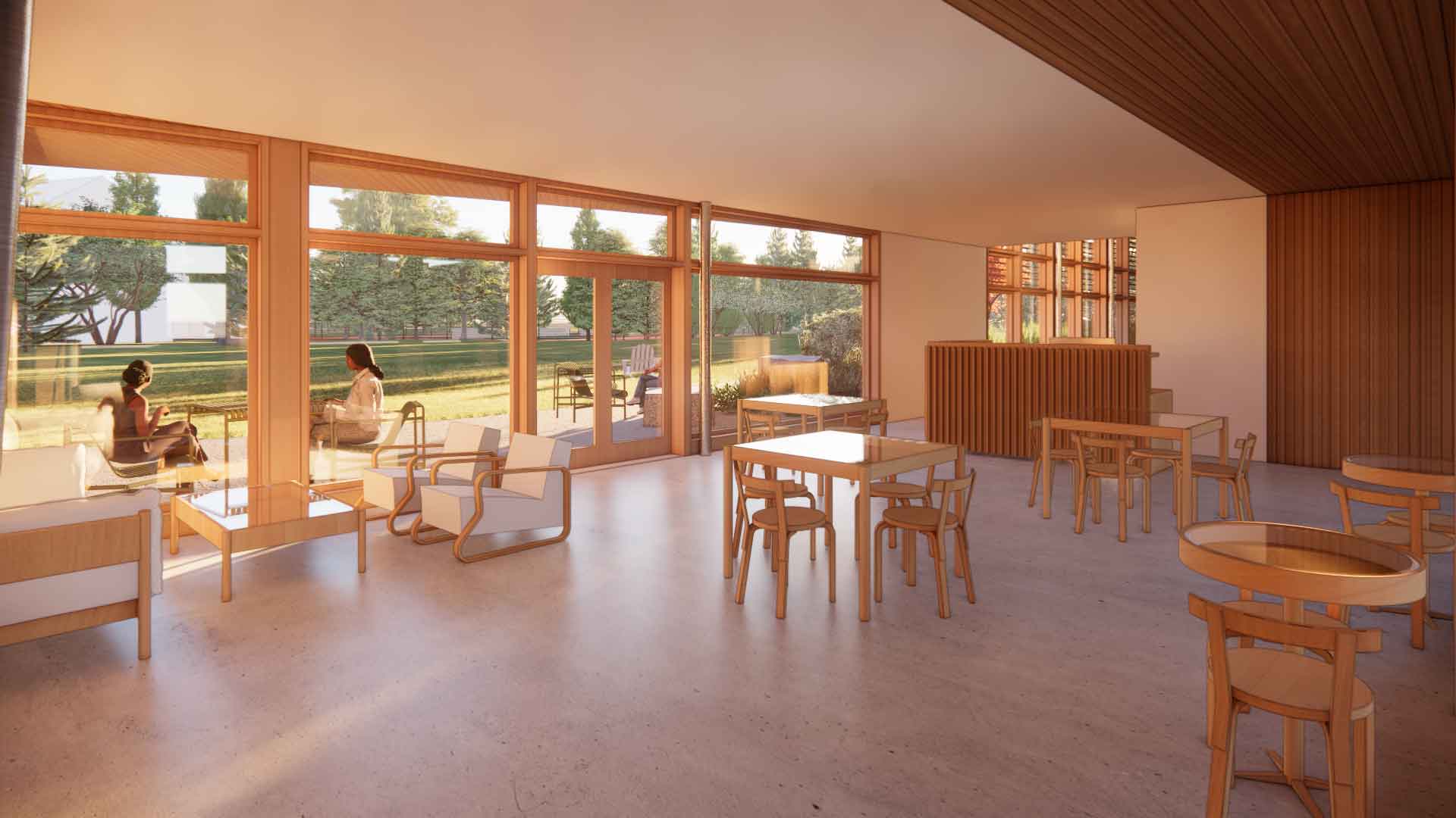 Architectural rendering of a common space with lots of windows and wood detail.