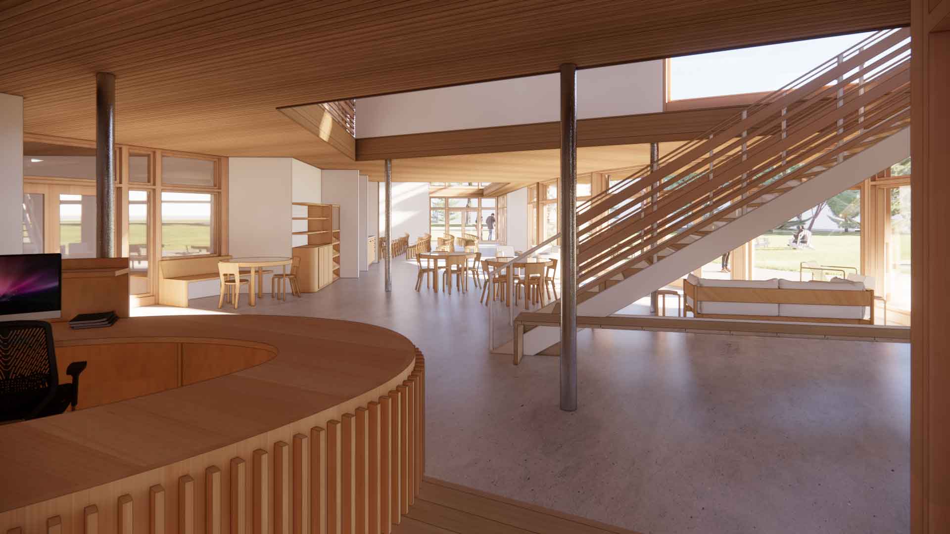 Architectural rendering of a lobby with lots of windows and wood detail.