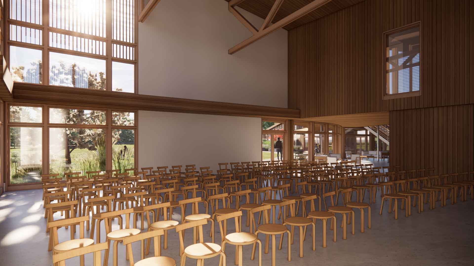 Architectural rendering of a gather space with lots of chairs.