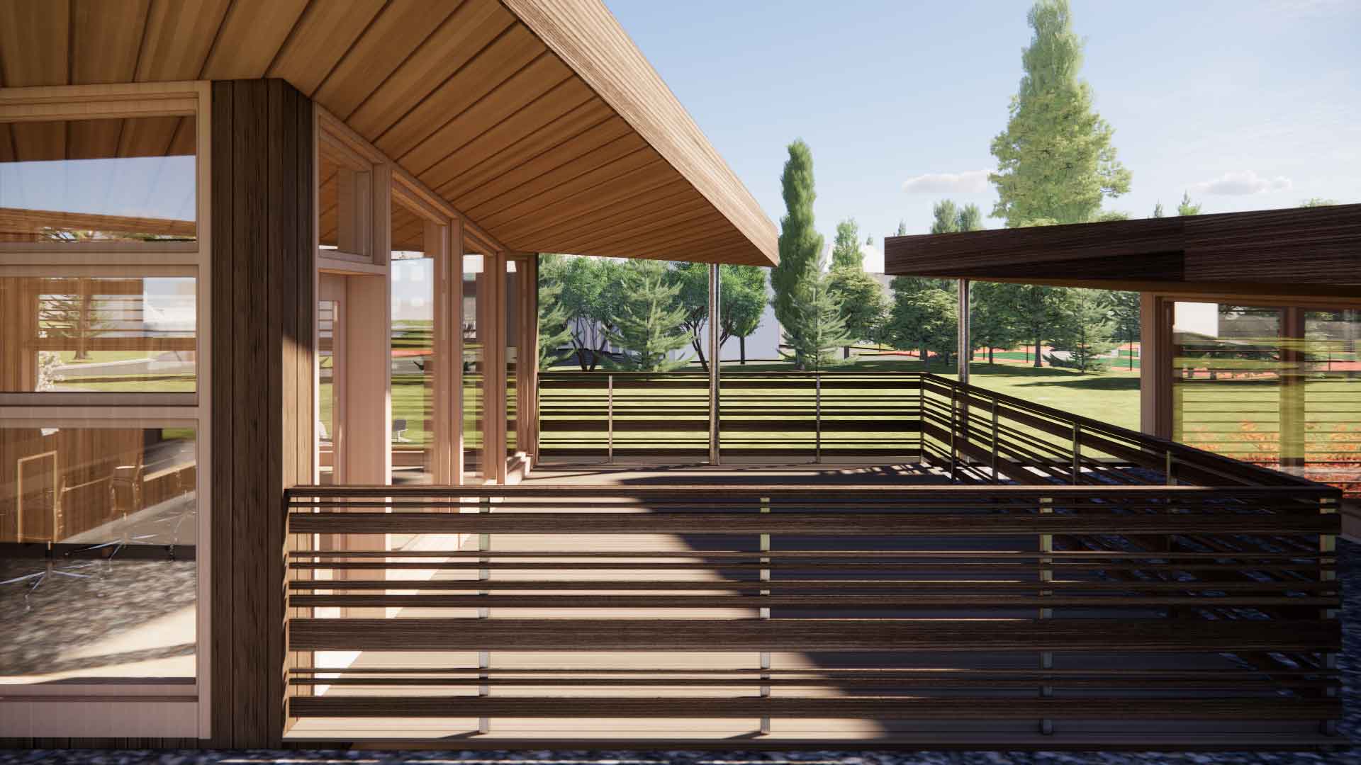 Architectural rendering of a patio with lots of windows and shade.