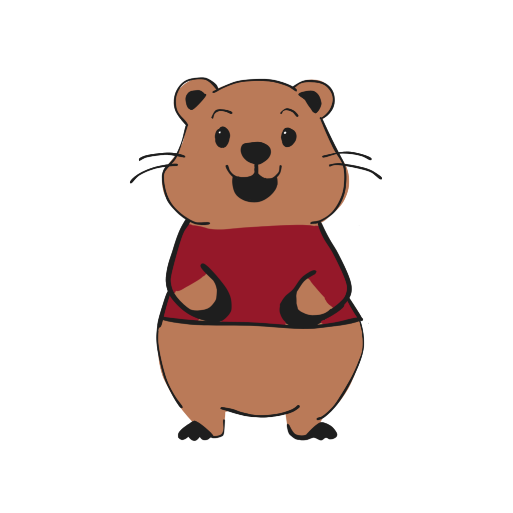 Womp Womp - a cartoon groundhog in a Vassar red t-shirt