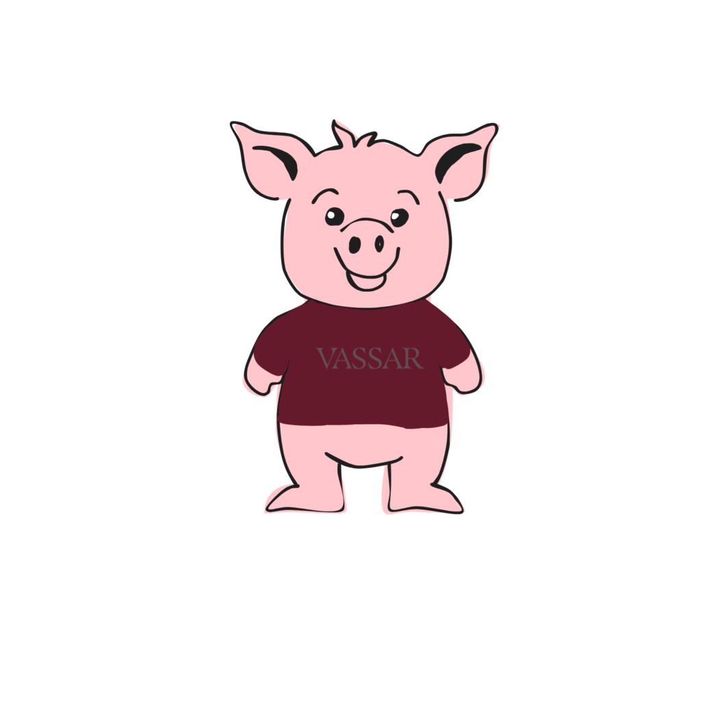 A cartoon pig in a Vassar red t-shirt