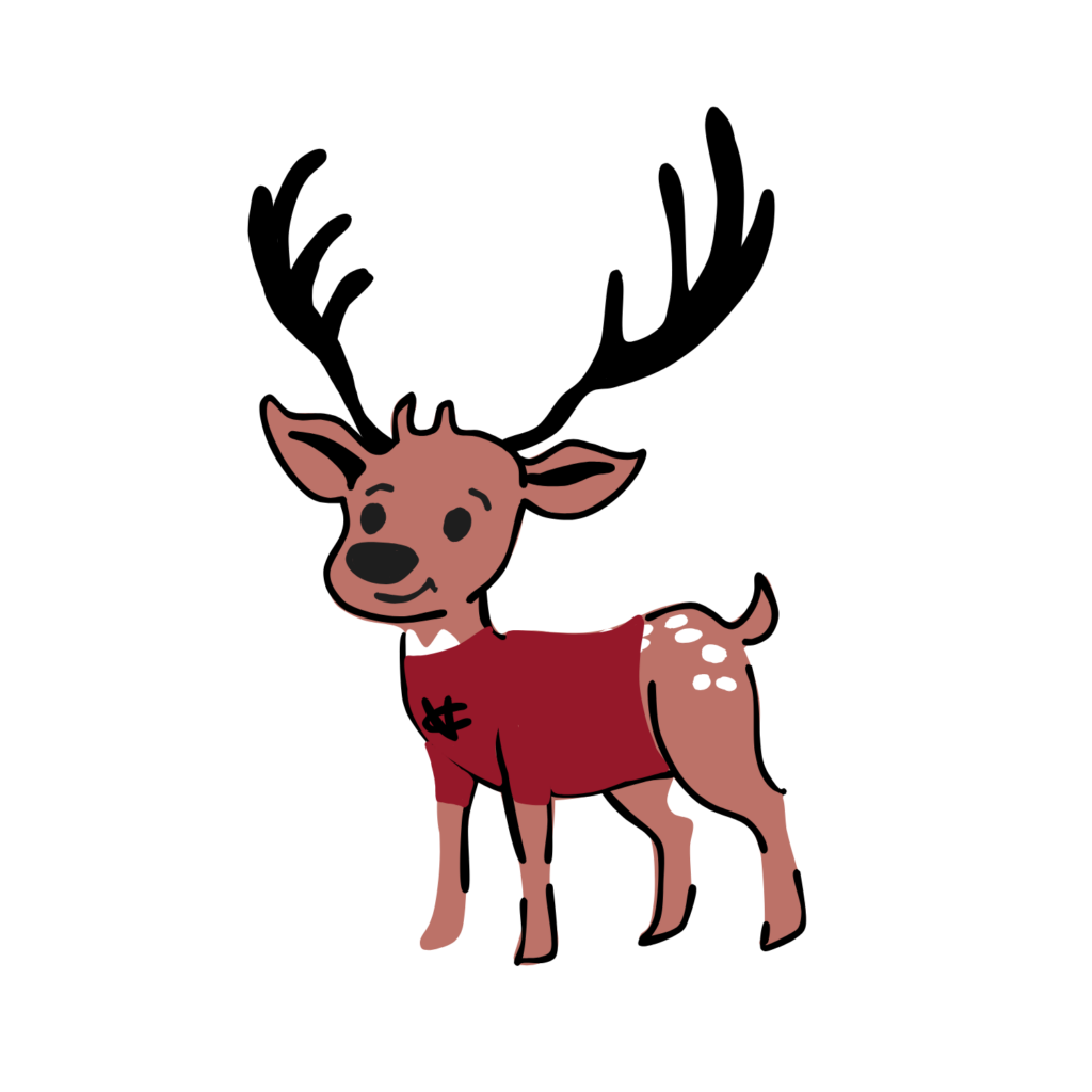 A cartoon deer in a Vassar red t-shirt