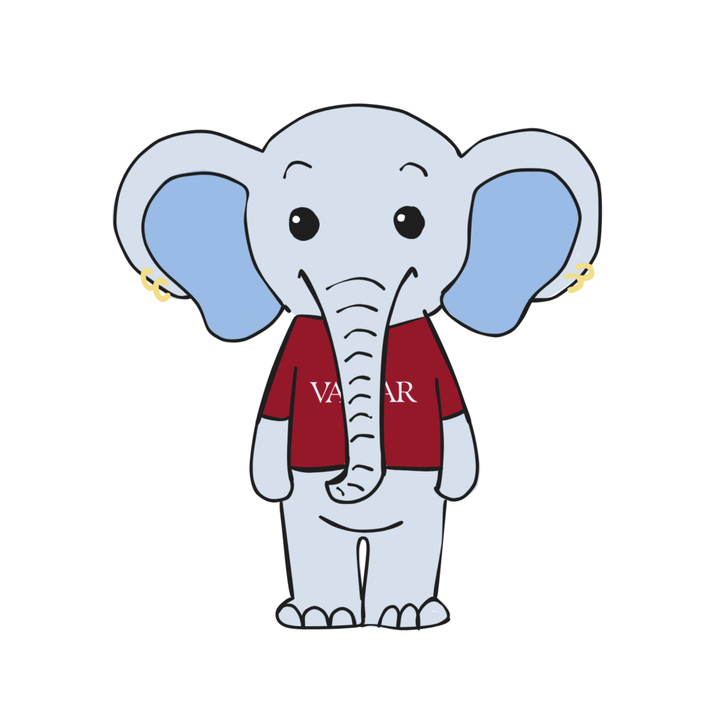 A cartoon elephant in a Vassar red t-shirt