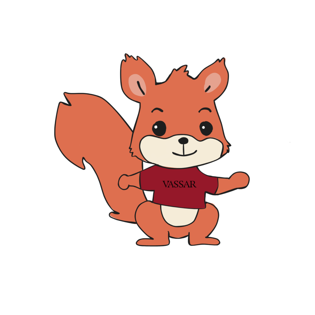 A cartoon squirrel in a Vassar red t-shirt