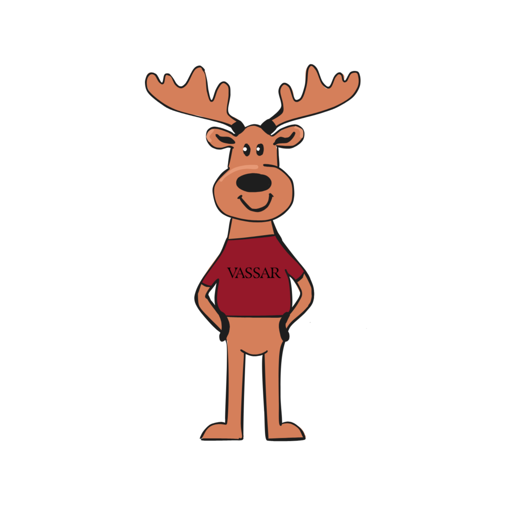 A cartoon moose in a Vassar red t-shirt