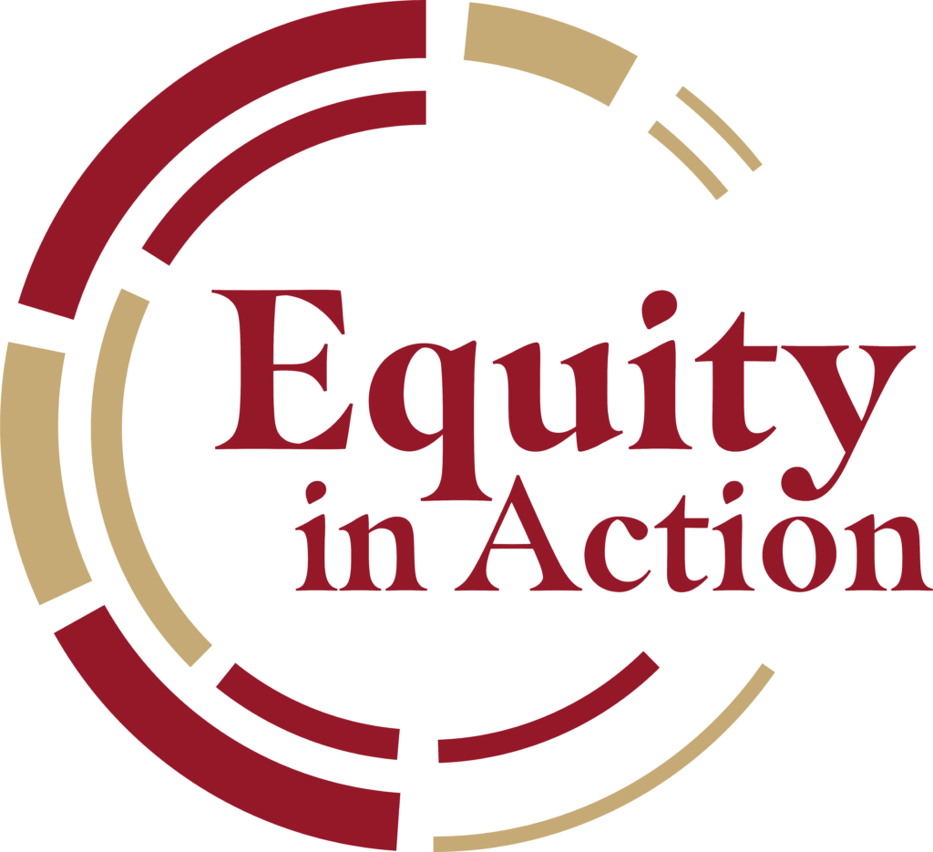 Logo with broken concentric circles in burgundy and gold around the text "Equity in Action".