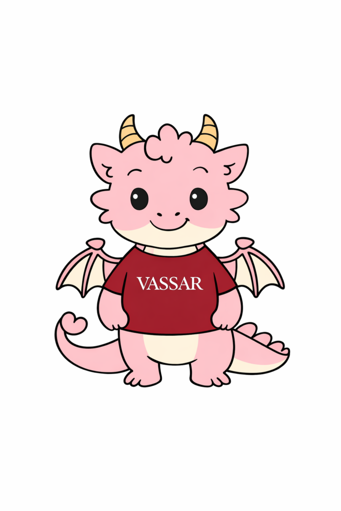 A pink dragon in a Vassar red t-shirt.