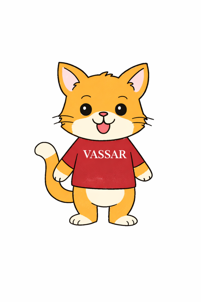 A cartoon cat wearing a Vassar t-shirt.