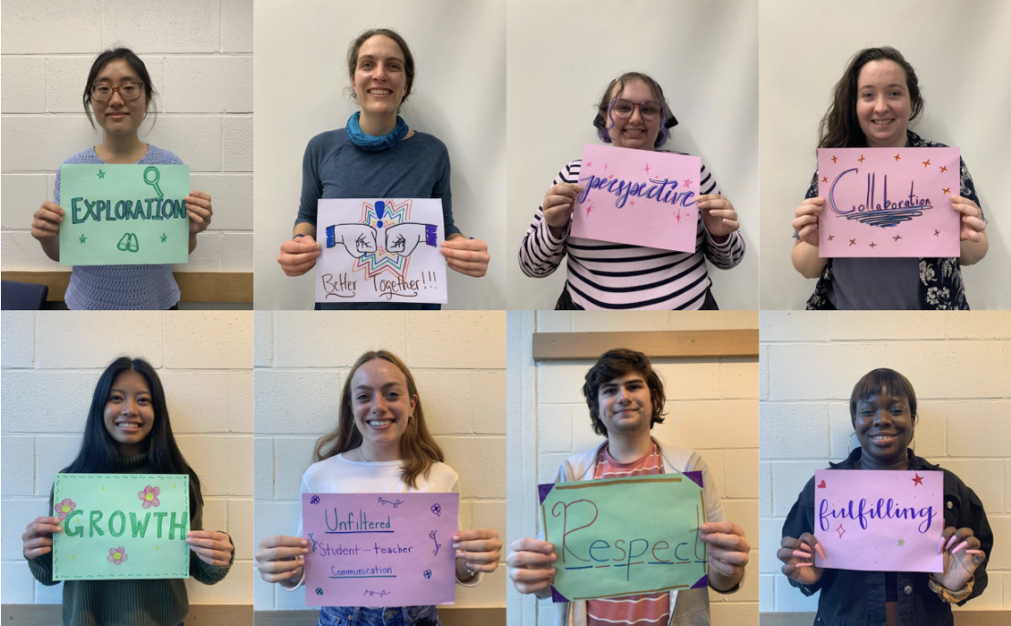 A grid of photos. Each shows a student standing against a wall, smiling and holding a hand-lettered sign with a word on it. Words include “Exploration”, “Better Together”, “Collaboration”, and “Growth”.