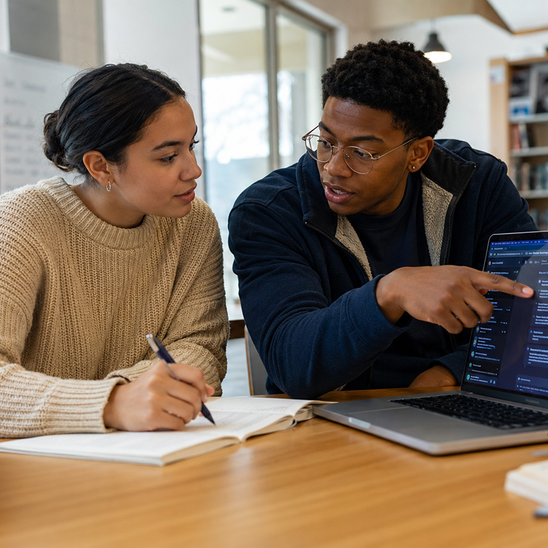 Two students discuss information on a laptop with an AI interface while taking notes together in a university library.