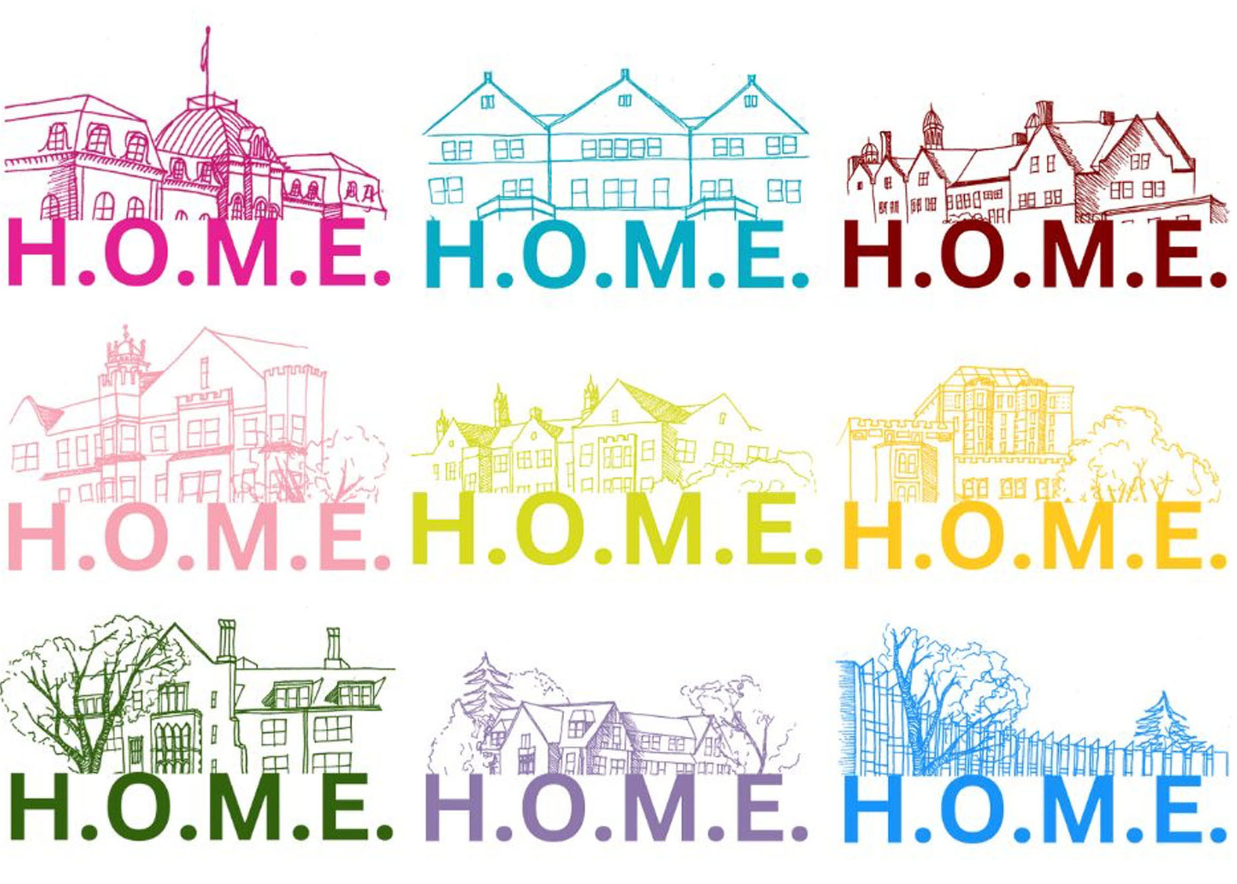 Three rows of three images of different colored drawings of houses with H.O.M.E. under each.