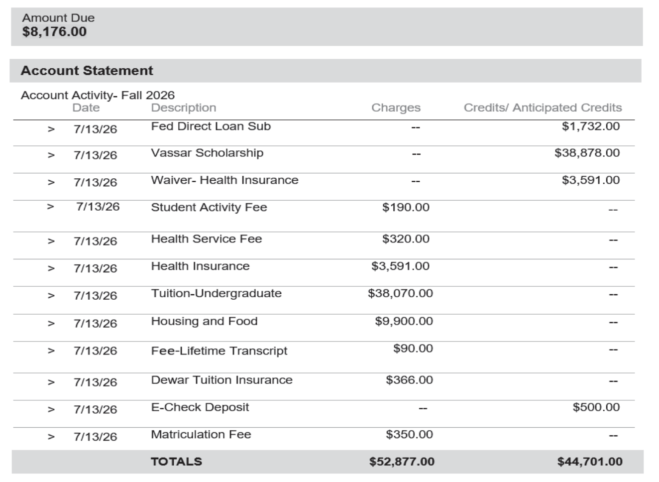 An example of what a student account statement would look like.